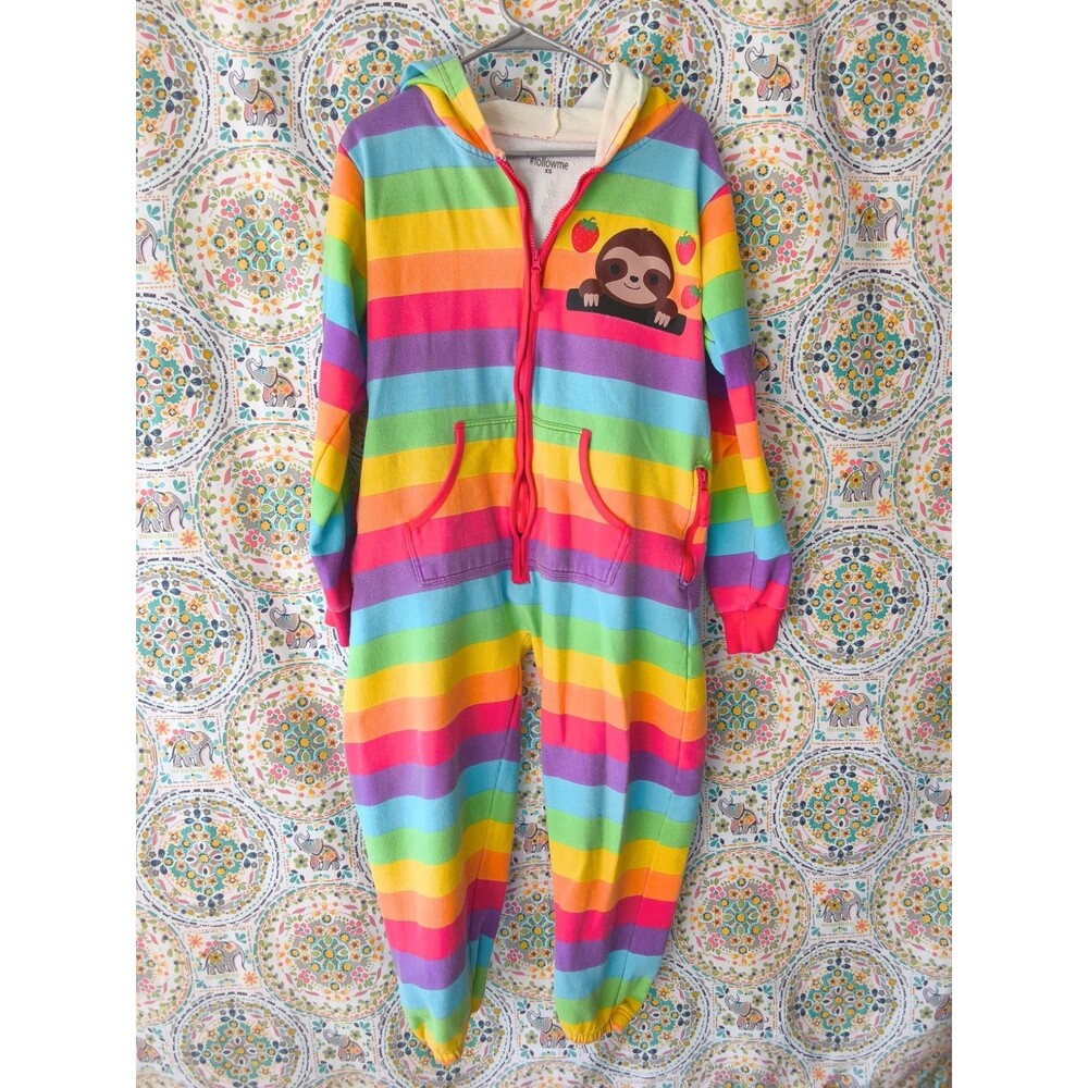 Follow Me Rainbow Stripe Adult Pajama Costume Unisex Sz XS Sloth Strawberry